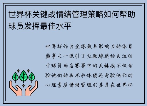 世界杯关键战情绪管理策略如何帮助球员发挥最佳水平