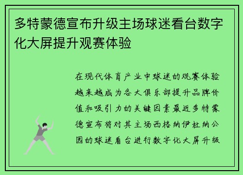 多特蒙德宣布升级主场球迷看台数字化大屏提升观赛体验